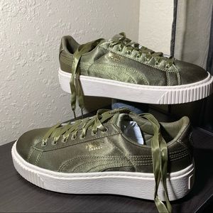 Puma basket shoes| platform satin green sneakers